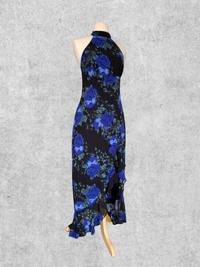 Lulu’s Black & Blue Floral Halter Midi Dress | Romantic Ruffle Hem | Size S